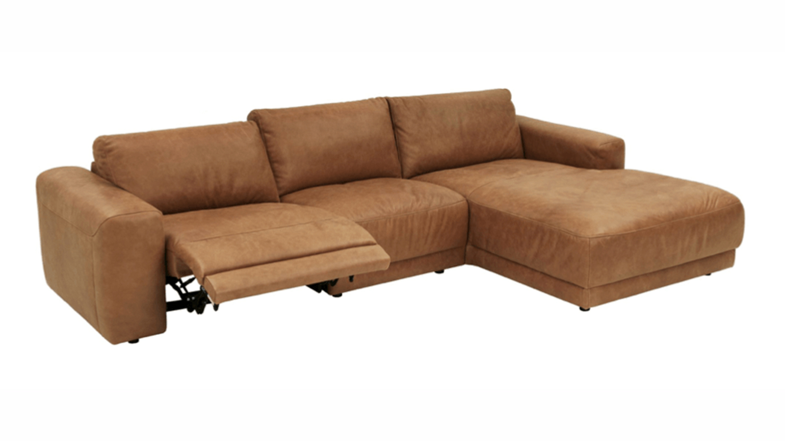 Ecksofa Balok - 2,5-Sitzer, Longchair groß rechts, Relaxfunktion (motorisch), Leder, Cognac von Styles United
