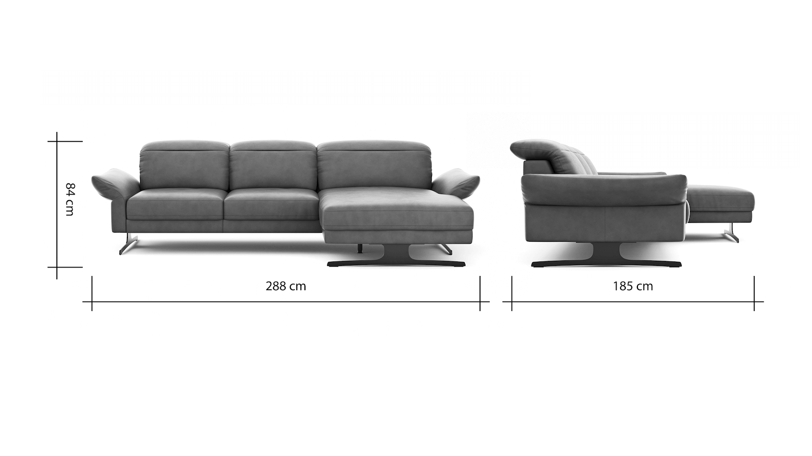 Ecksofa Rockport B - 2,5-Sitzer mit Longchair rechts inkl. Kopfteil/Sitztiefe/Armlehne verstellbar, Leder, Grau von Natura Home