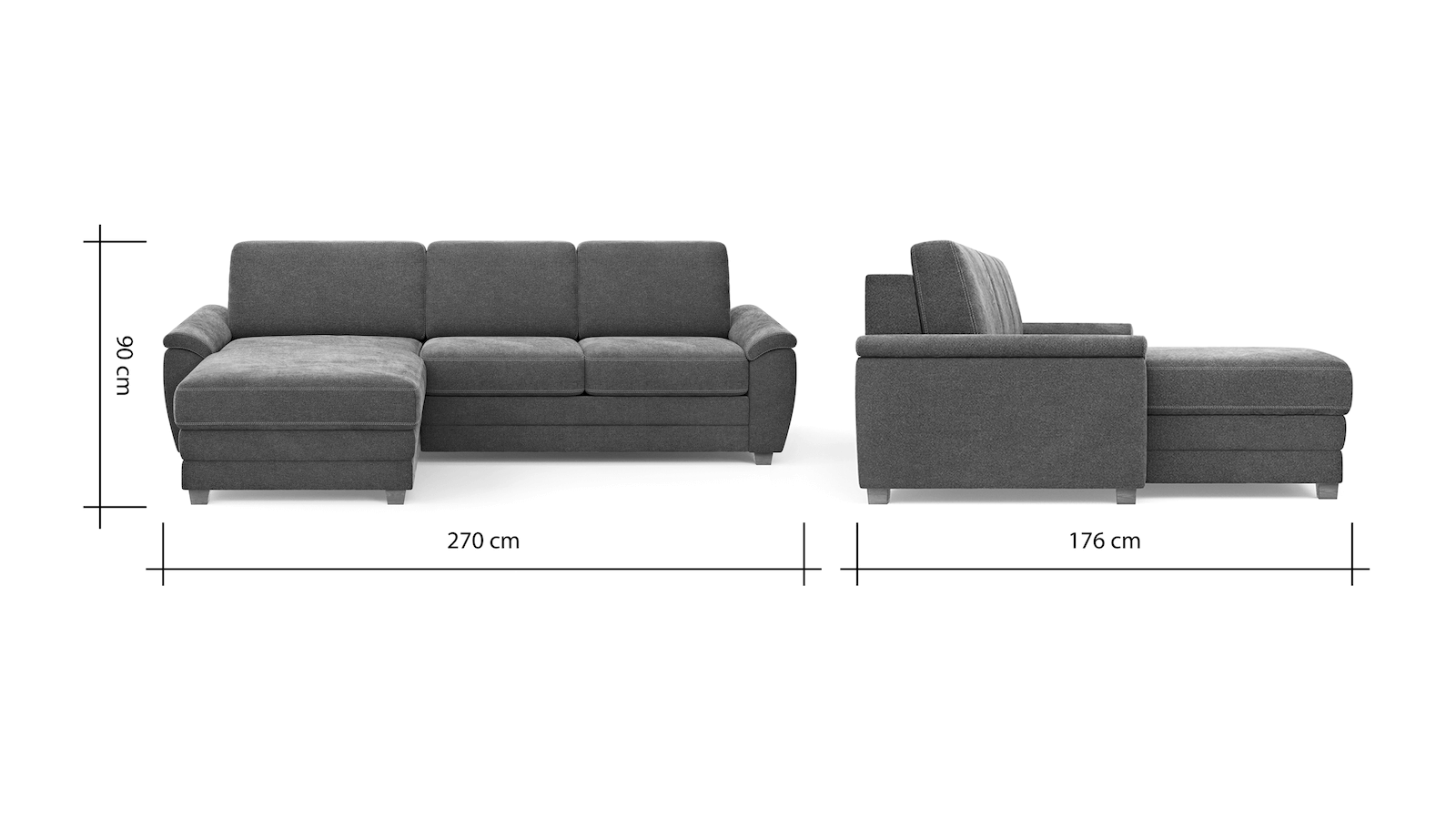 Ecksofa Lakeville - Longchair links mit 2-Sitzer inkl. Schlaffunktion mit Bettkasten, Stoff, Grau von Natura Home