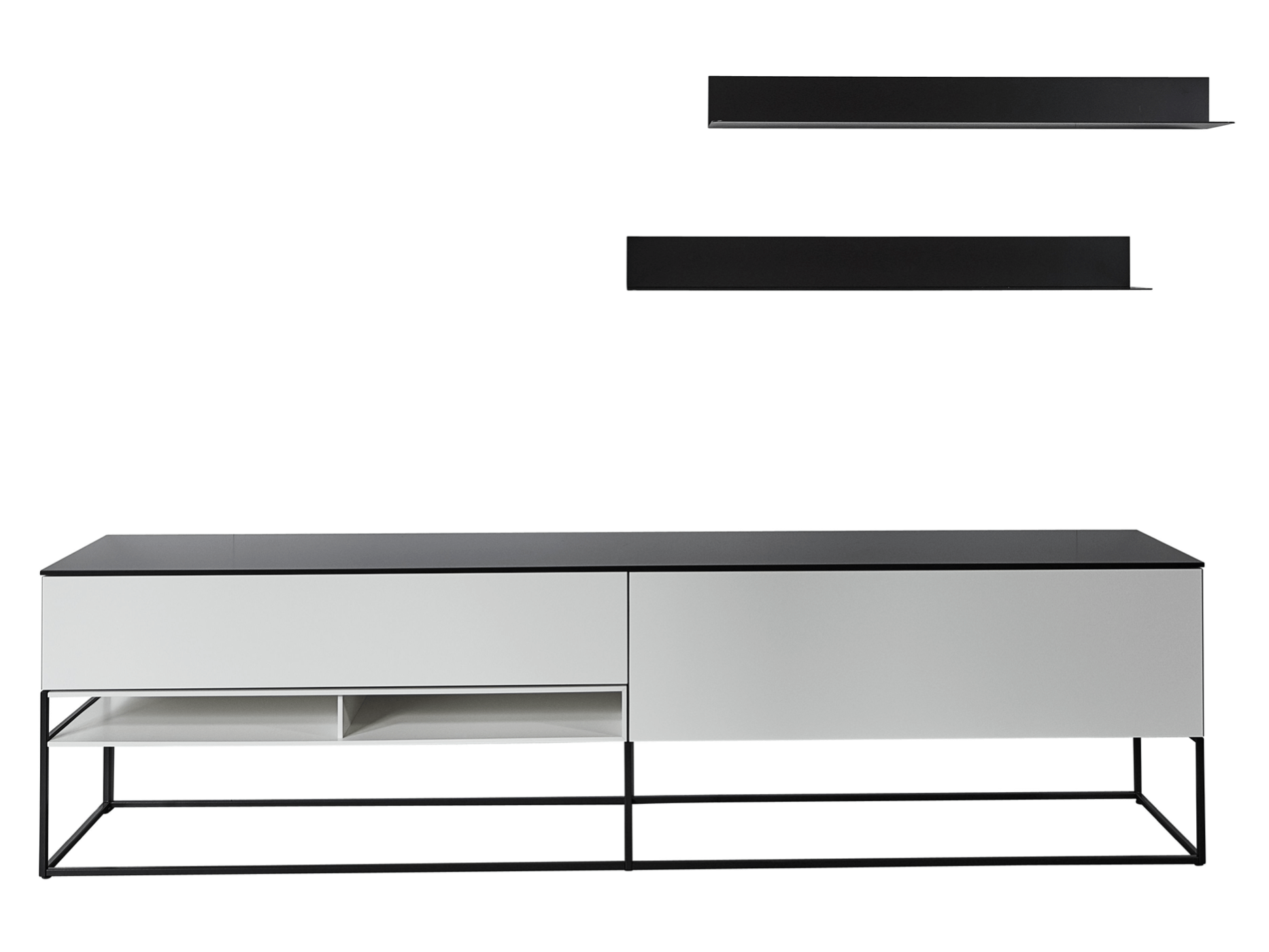 Lowboard Catona der Marke Contur in weiß mit schwarzem Metallgestell und grauer Platte